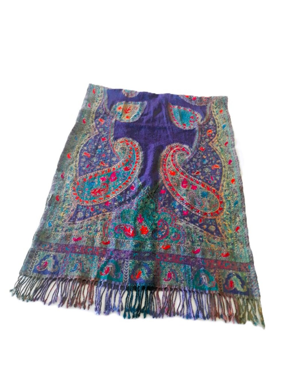 Kammal Living Purple Paisley Wool Scarf Large Fringed